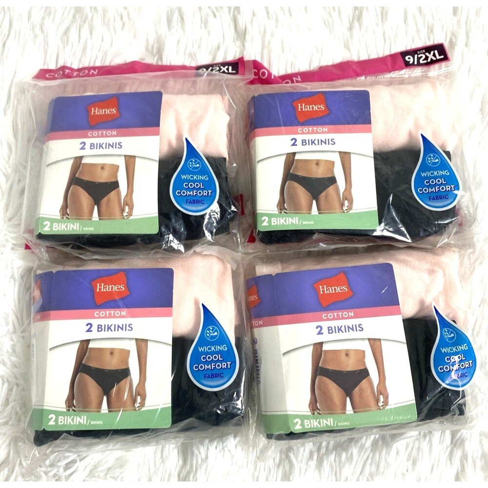8 Hanes Bikini Panties Plus Size 2XL 4 Pack  Pink Black 100% Cotton Cool Comfort